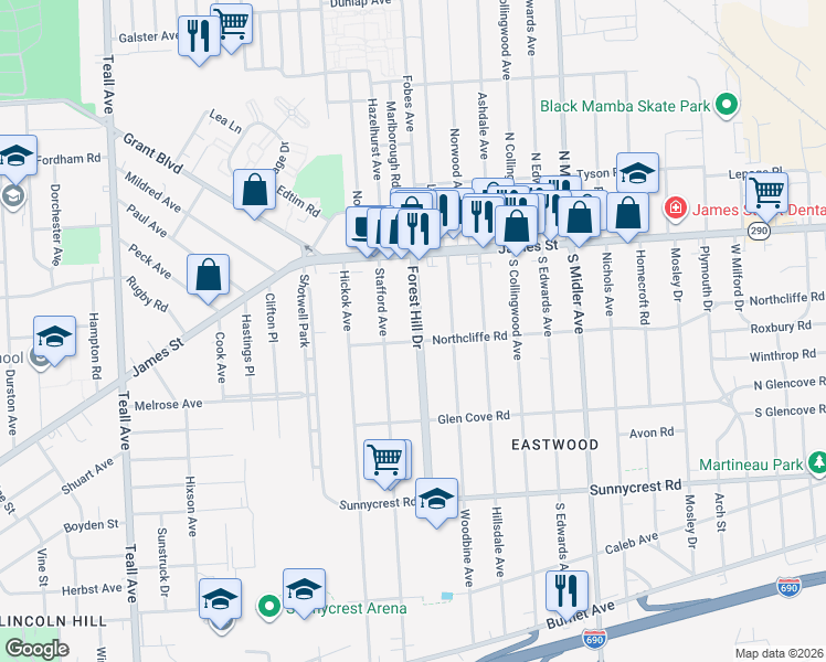 map of restaurants, bars, coffee shops, grocery stores, and more near 170 Forest Hill Drive in Syracuse