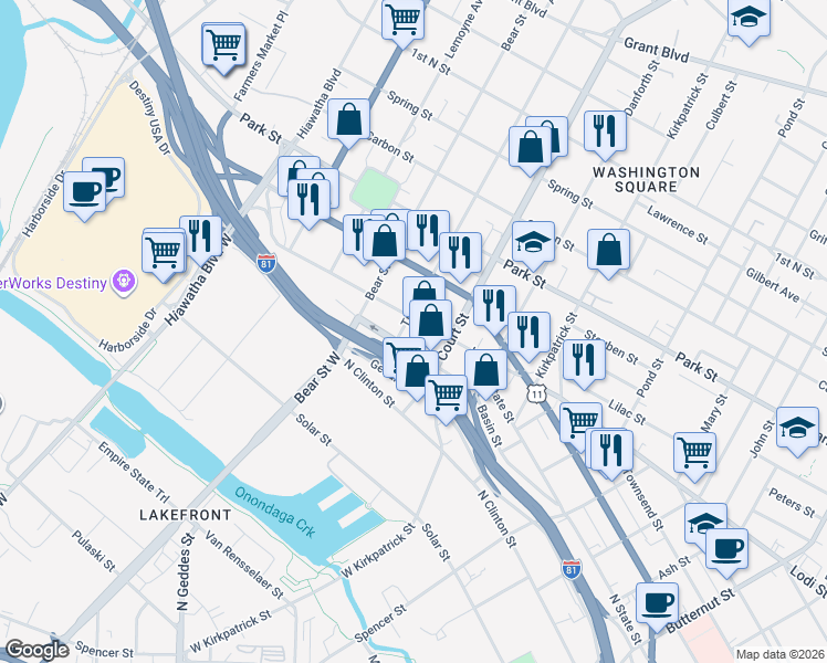 map of restaurants, bars, coffee shops, grocery stores, and more near 2419 Lodi Street in Syracuse