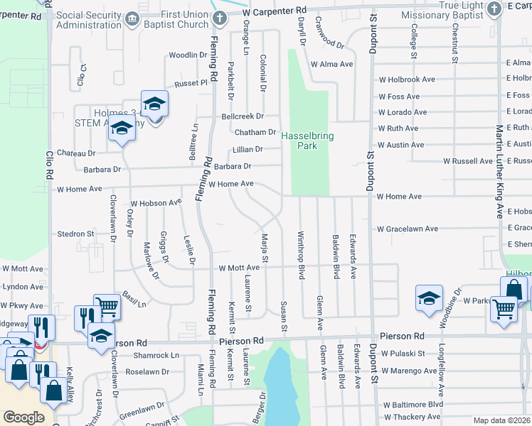 map of restaurants, bars, coffee shops, grocery stores, and more near 5915 Susan Street in Flint