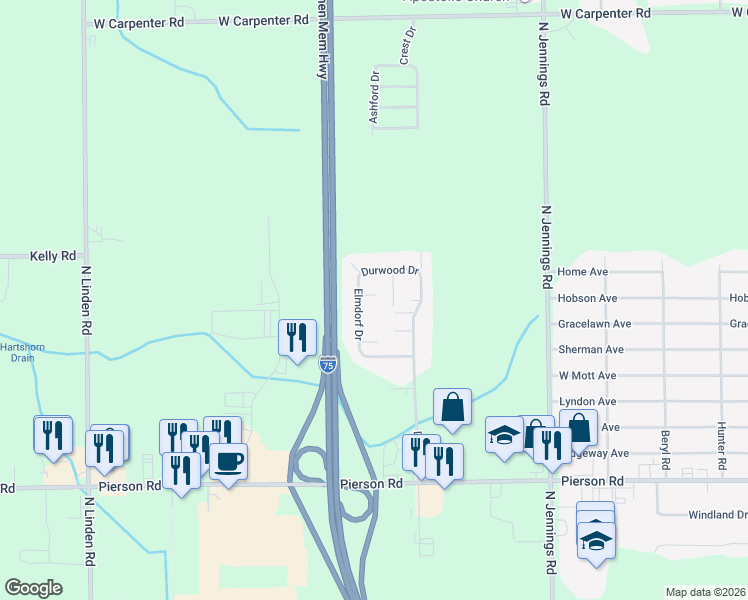 map of restaurants, bars, coffee shops, grocery stores, and more near 4239 Cascade Court in Flint