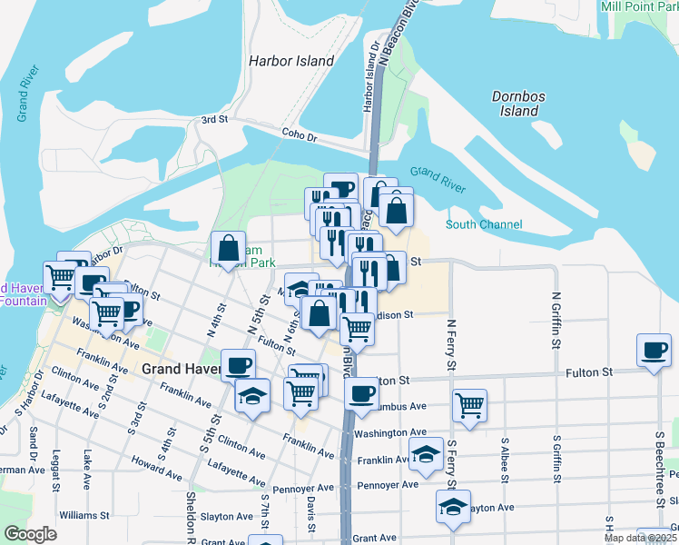 map of restaurants, bars, coffee shops, grocery stores, and more near 614 Jackson Street in Grand Haven