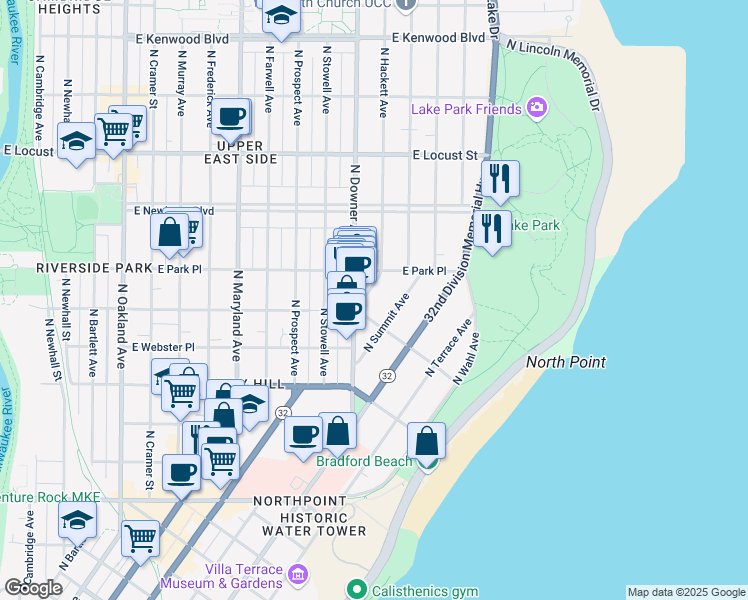 map of restaurants, bars, coffee shops, grocery stores, and more near 2621 North Hackett Avenue in Milwaukee