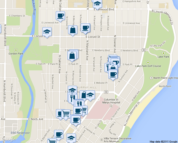 map of restaurants, bars, coffee shops, grocery stores, and more near 2617 North Farwell Avenue in Milwaukee