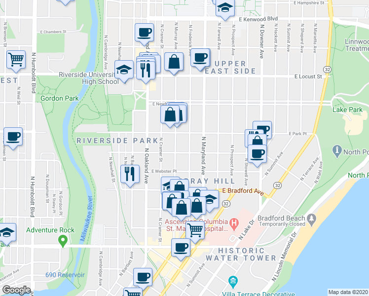 map of restaurants, bars, coffee shops, grocery stores, and more near 2612 North Murray Avenue in Milwaukee