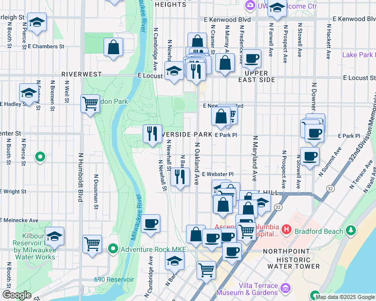 map of restaurants, bars, coffee shops, grocery stores, and more near 2613 North Bartlett Avenue in Milwaukee