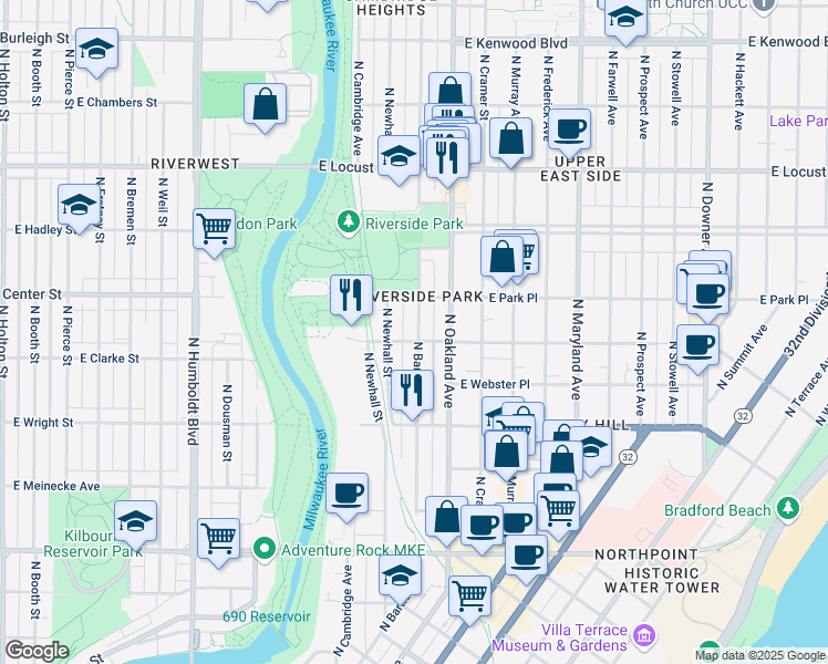 map of restaurants, bars, coffee shops, grocery stores, and more near 2613 North Bartlett Avenue in Milwaukee