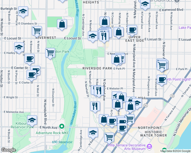 map of restaurants, bars, coffee shops, grocery stores, and more near 2613 North Bartlett Avenue in Milwaukee