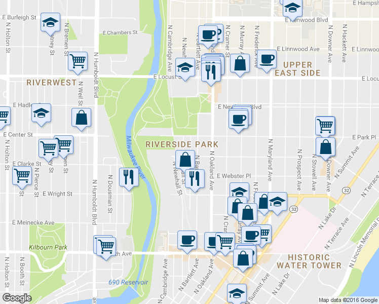 map of restaurants, bars, coffee shops, grocery stores, and more near 2613 North Bartlett Avenue in Milwaukee