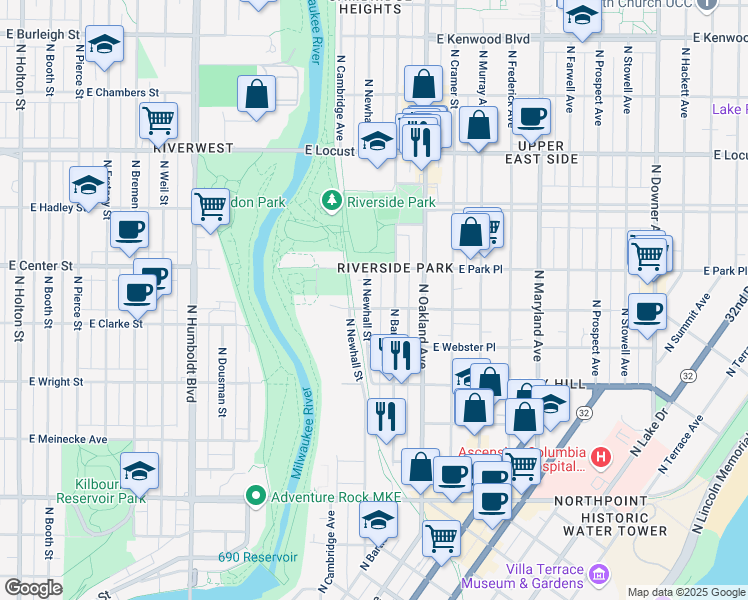 map of restaurants, bars, coffee shops, grocery stores, and more near 2613 North Bartlett Avenue in Milwaukee