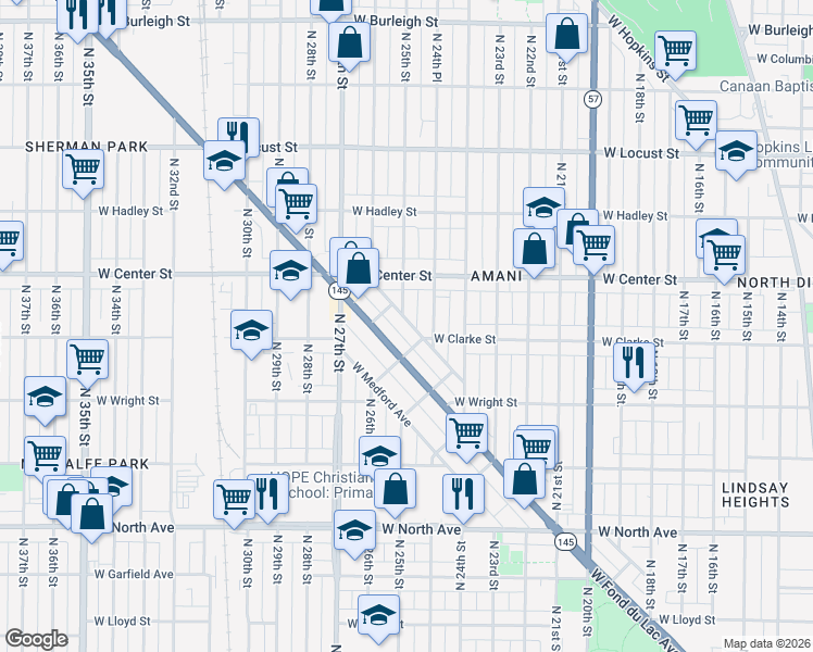 map of restaurants, bars, coffee shops, grocery stores, and more near 2483 West Monroe Street in Milwaukee