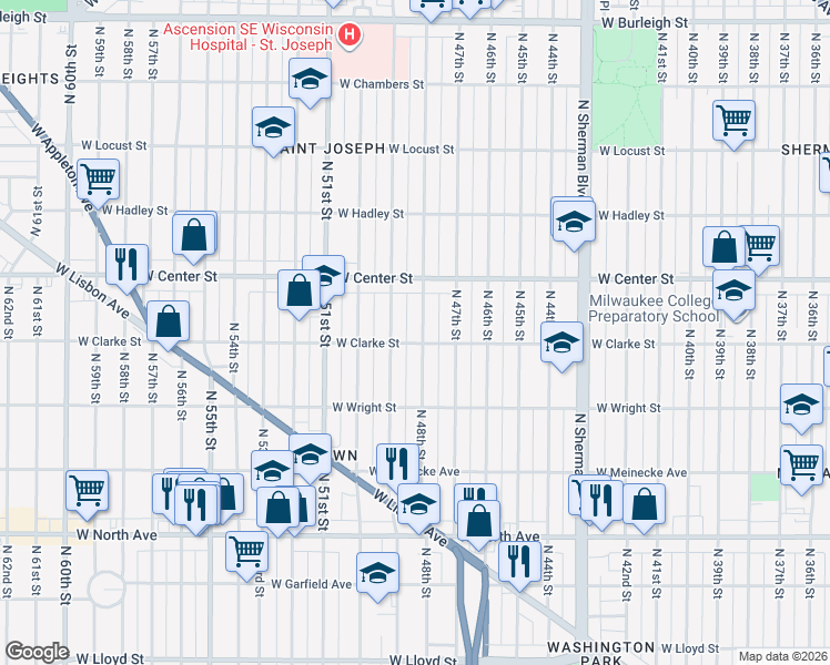 map of restaurants, bars, coffee shops, grocery stores, and more near 2614 North 48th Street in Milwaukee