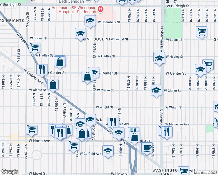 map of restaurants, bars, coffee shops, grocery stores, and more near in Wauwatosa