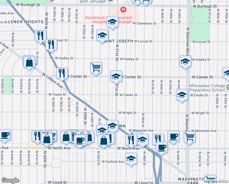 map of restaurants, bars, coffee shops, grocery stores, and more near 2617-2619 North 51st Street in Milwaukee