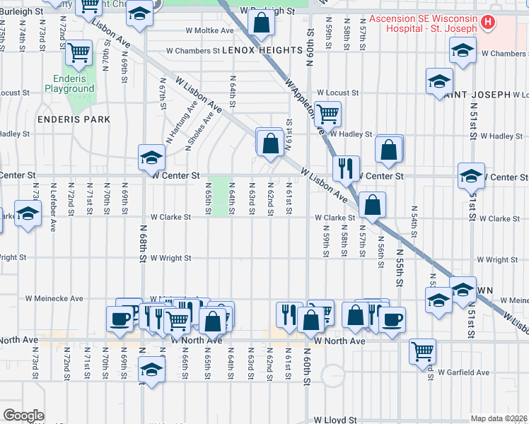 map of restaurants, bars, coffee shops, grocery stores, and more near 2611 North 62nd Street in Wauwatosa