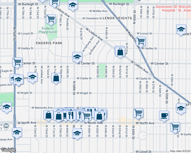 map of restaurants, bars, coffee shops, grocery stores, and more near 2610 North 66th Street in Wauwatosa