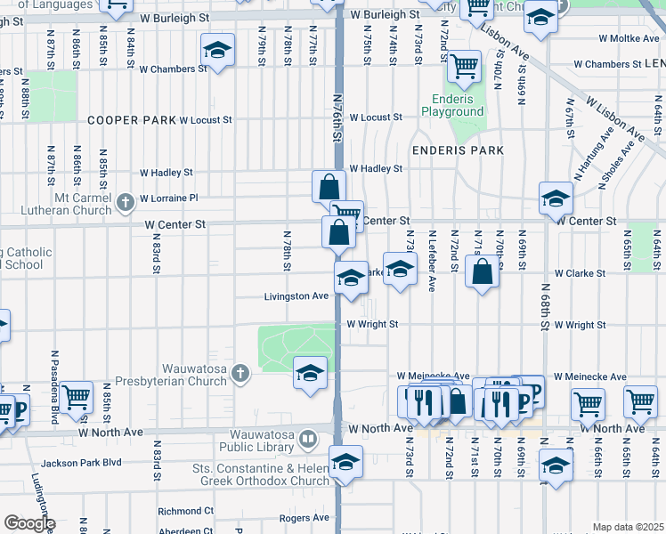 map of restaurants, bars, coffee shops, grocery stores, and more near 7610 West Clarke Street in Wauwatosa