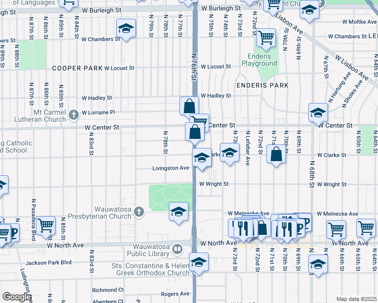map of restaurants, bars, coffee shops, grocery stores, and more near 7610 West Clarke Street in Wauwatosa