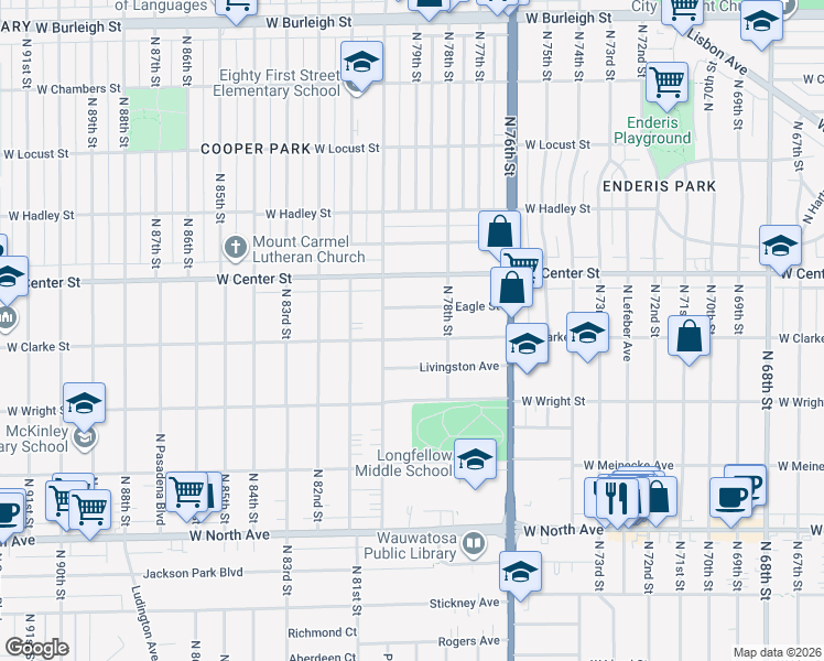 map of restaurants, bars, coffee shops, grocery stores, and more near 7836 West Clarke Street in Wauwatosa