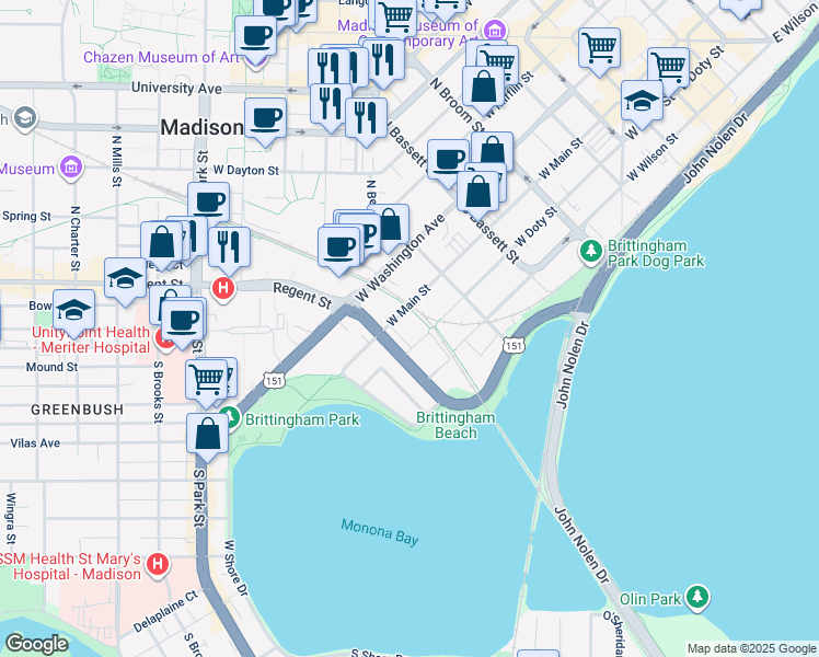 map of restaurants, bars, coffee shops, grocery stores, and more near 641 West Main Street in Madison
