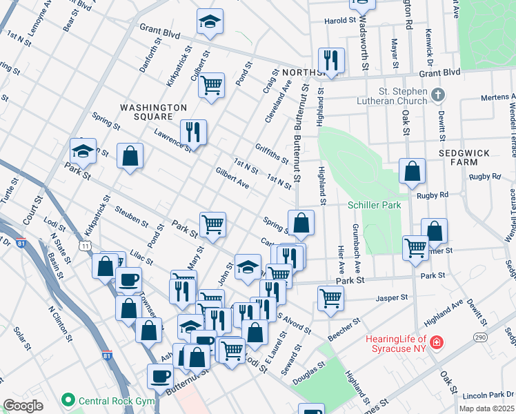 map of restaurants, bars, coffee shops, grocery stores, and more near 403 John Street in Syracuse