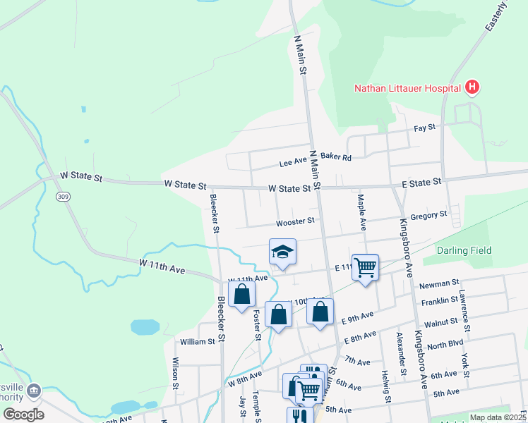 map of restaurants, bars, coffee shops, grocery stores, and more near 29A State Circle in Gloversville