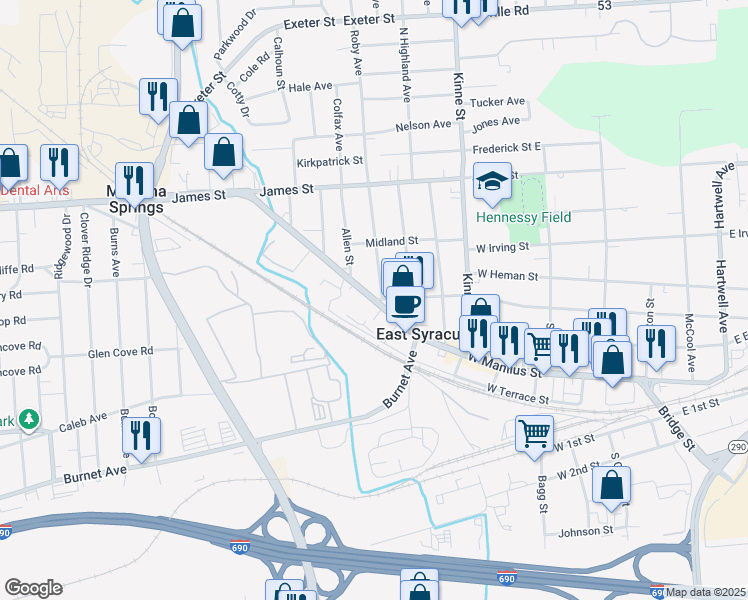 map of restaurants, bars, coffee shops, grocery stores, and more near West Manlius Street in Syracuse