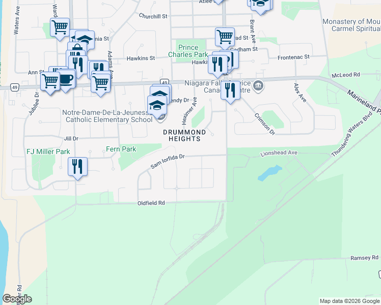map of restaurants, bars, coffee shops, grocery stores, and more near 6361 Sam Iorfida Drive in Niagara Falls