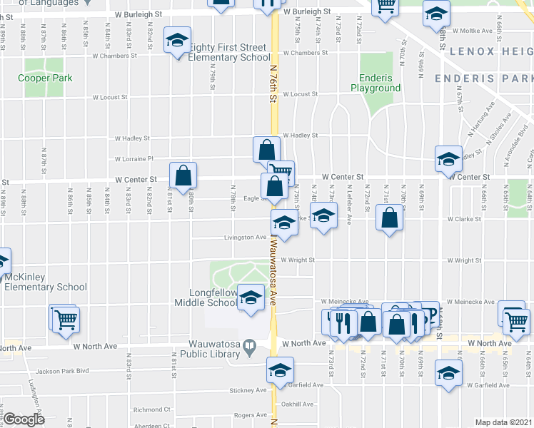 map of restaurants, bars, coffee shops, grocery stores, and more near 7610 West Clarke Street in Wauwatosa