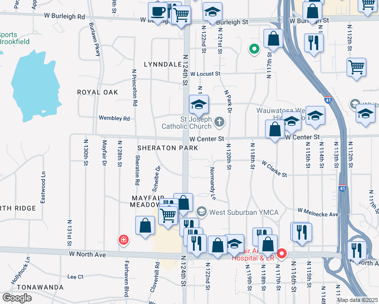 map of restaurants, bars, coffee shops, grocery stores, and more near 2646 North 124th Street in Wauwatosa