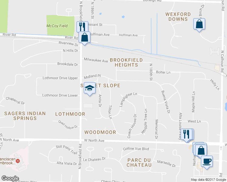 map of restaurants, bars, coffee shops, grocery stores, and more near 2560 Tilton Lane in Brookfield