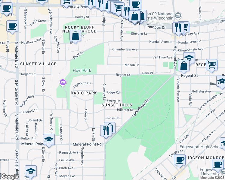 map of restaurants, bars, coffee shops, grocery stores, and more near 2814 Ridge Road in Madison