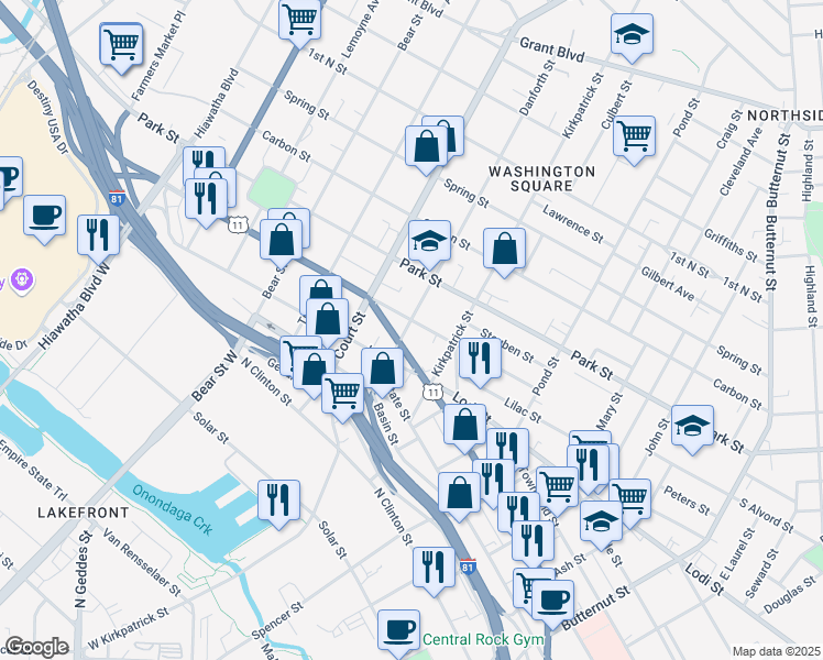 map of restaurants, bars, coffee shops, grocery stores, and more near 412 Danforth Street in Syracuse