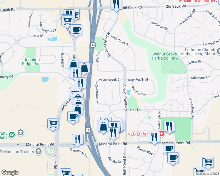 map of restaurants, bars, coffee shops, grocery stores, and more near 18 Oak Glen Court in Madison