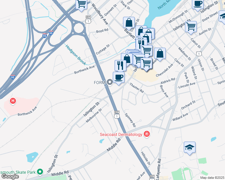 map of restaurants, bars, coffee shops, grocery stores, and more near 1039 Islington Street in Portsmouth