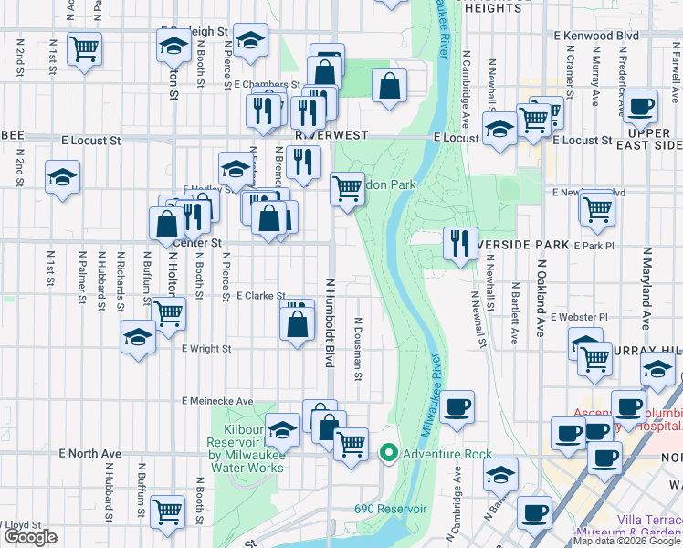 map of restaurants, bars, coffee shops, grocery stores, and more near 2630 North Humboldt Boulevard in Milwaukee