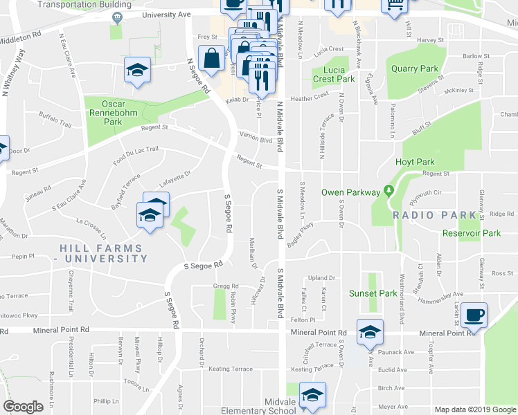 map of restaurants, bars, coffee shops, grocery stores, and more near 45 Merlham Drive in Madison
