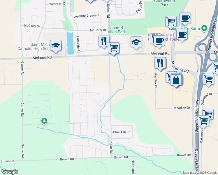 map of restaurants, bars, coffee shops, grocery stores, and more near 7549 Kalar Road in Niagara Falls