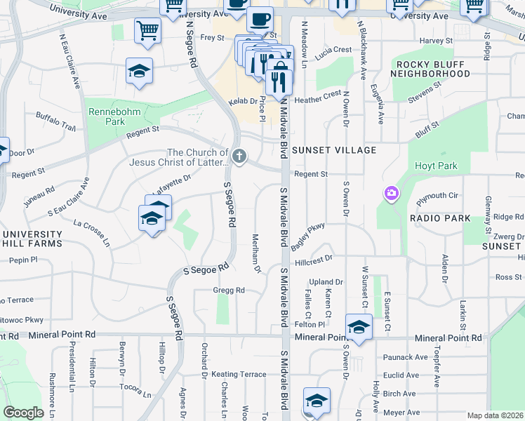 map of restaurants, bars, coffee shops, grocery stores, and more near 45 Merlham Drive in Madison