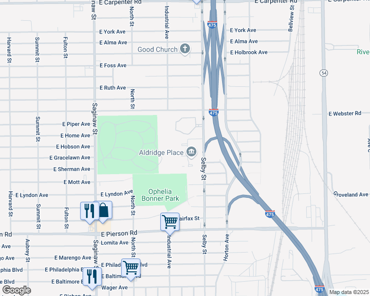 map of restaurants, bars, coffee shops, grocery stores, and more near 5833 Edgar Holt Drive in Flint