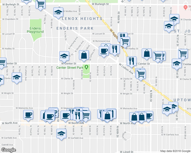 map of restaurants, bars, coffee shops, grocery stores, and more near 2609 North 63rd Street in Wauwatosa