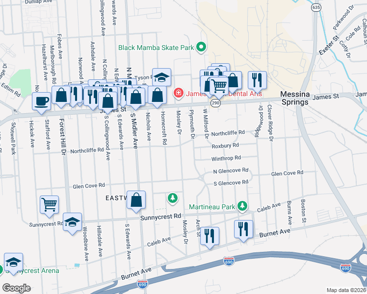 map of restaurants, bars, coffee shops, grocery stores, and more near 201 Mosley Drive in Syracuse