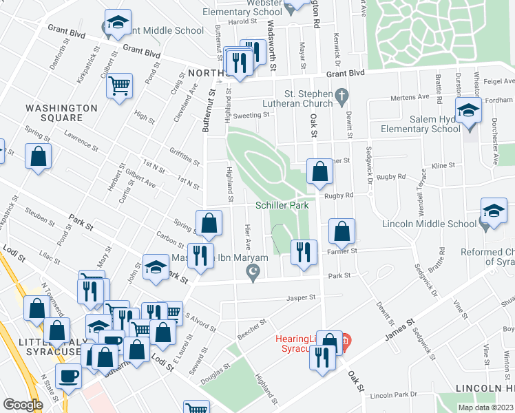 map of restaurants, bars, coffee shops, grocery stores, and more near 247 Grumbach Avenue in Syracuse