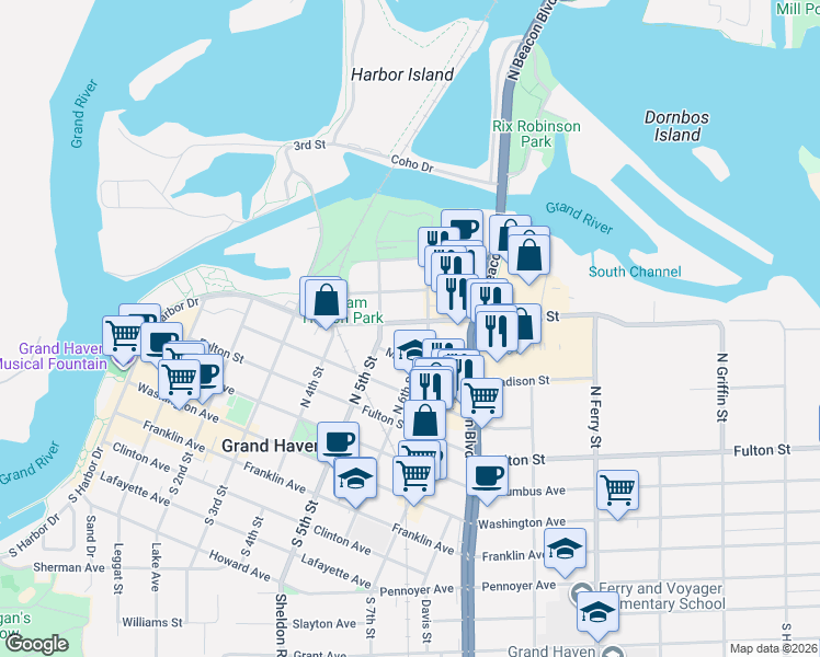 map of restaurants, bars, coffee shops, grocery stores, and more near 526 Jackson Street in Grand Haven
