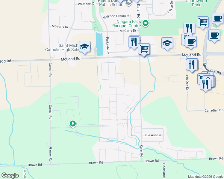 map of restaurants, bars, coffee shops, grocery stores, and more near 7532 Splendour Drive in Niagara Falls