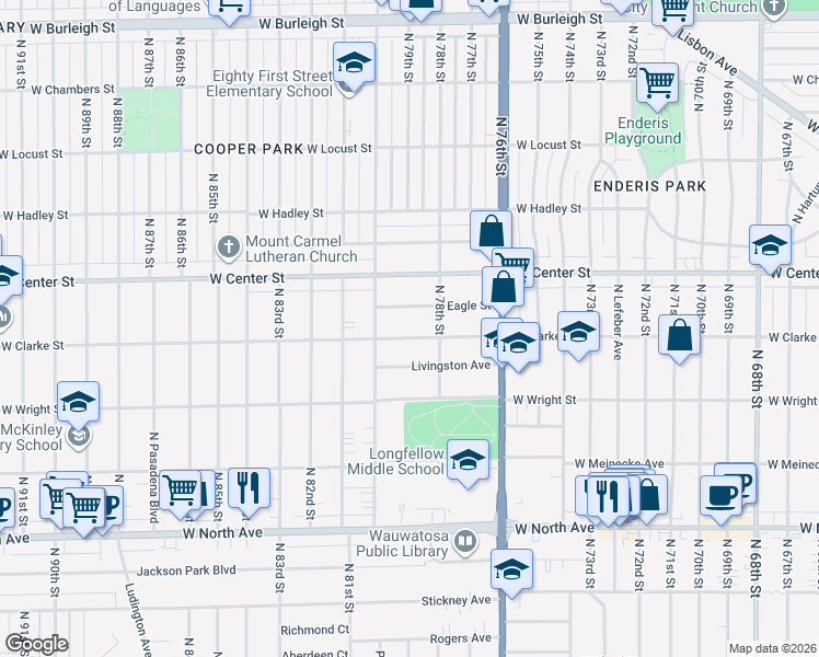 map of restaurants, bars, coffee shops, grocery stores, and more near 7836 West Clarke Street in Wauwatosa