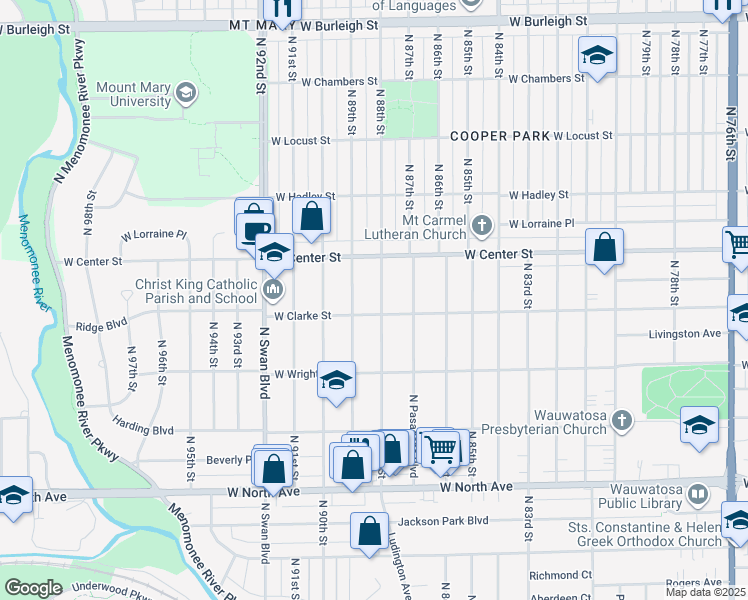 map of restaurants, bars, coffee shops, grocery stores, and more near 2617 North 88th Street in Wauwatosa