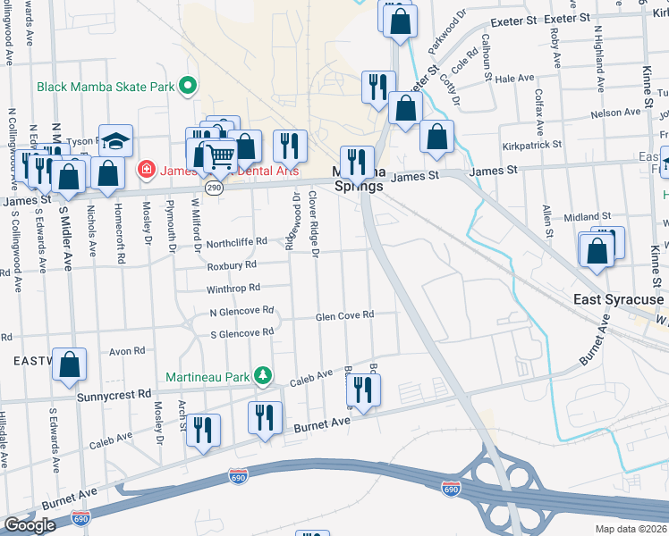 map of restaurants, bars, coffee shops, grocery stores, and more near 216 Burns Ave in Syracuse