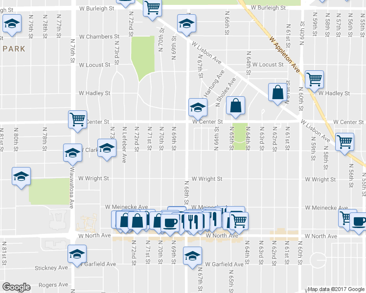 map of restaurants, bars, coffee shops, grocery stores, and more near 2609 North 68th Street in Wauwatosa