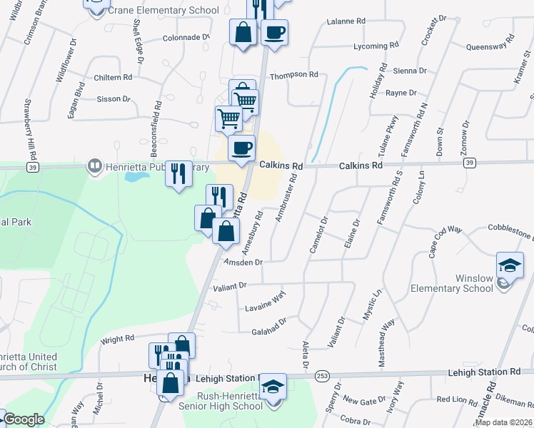 map of restaurants, bars, coffee shops, grocery stores, and more near 26 Amesbury Road in Rochester