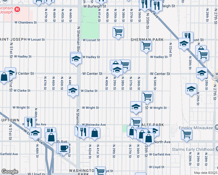 map of restaurants, bars, coffee shops, grocery stores, and more near 2612 North 40th Street in Milwaukee